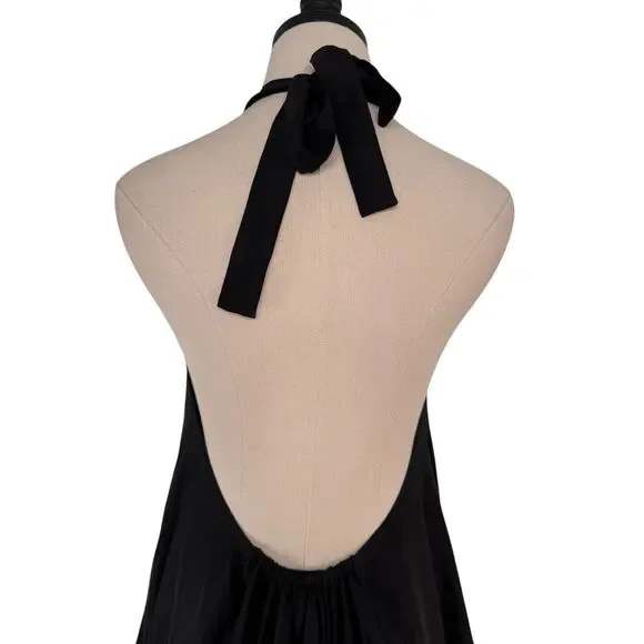 AZEEZA Winston Raw Silk Mini Dress Black High Low Halter Cocktail Party Size S